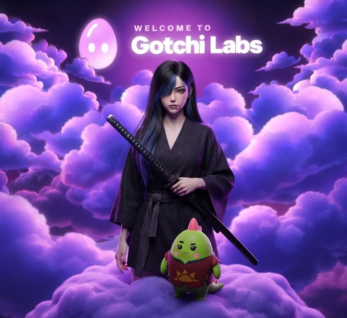 Promotional artwork for "Gotchi Labs" featuring a pale woman with long black and blue hair holding a katana, standing behind a small green creature in a red hoodie against a backdrop of purple clouds and a crescent moon.