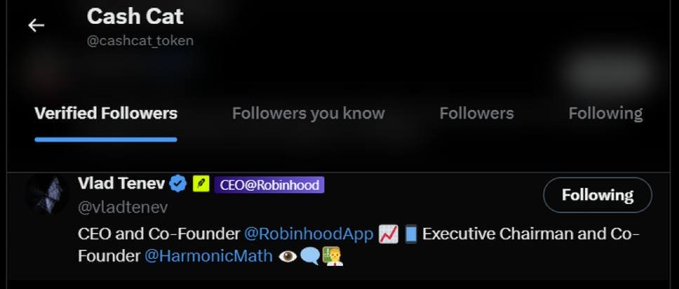 A Twitter/X screenshot shows that Vlad Tenev, CEO and Co-Founder of Robinhood (@vladtenev), is among the verified followers of the @cashcat_token account. The post highlights that Vlad has just followed $CASHCAT, suggesting this as a notable signal to "engage the PvE mode" with the token.