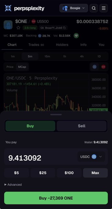 The image shows a Perpsplexity trading interface for $ONE/USDC, displaying a chart and a buy order for ~27,369 ONE at $0.000338752, illustrating the context of the poster's post about locking 50 million ONE tokens on the Perpsplexity platform.
