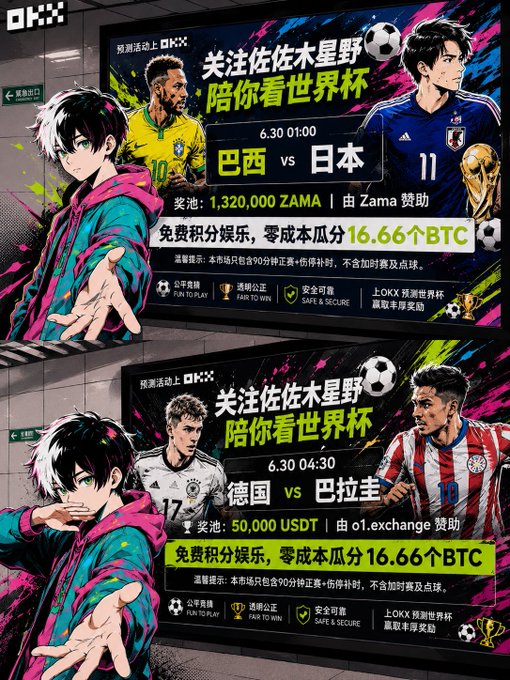 A vibrant OKX promotional poster features anime-style illustrations alongside real soccer stars Neymar and Mitoma advertising a World Cup prediction event with a 1,320,000 ZAMA prize pool for the Brazil vs. Japan match (6.30 01:00) and a 50,000 USDT pool for Germany vs. Paraguay (6.30 04:30), matching the post's excitement about the Japan vs. Brazil showdown.