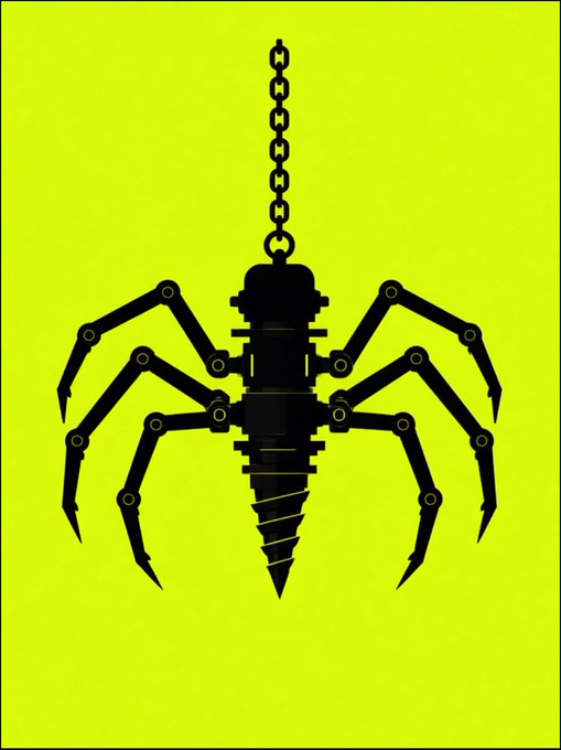 A stylized illustration featuring a black silhouette of a mechanical spider hanging from a chain against a bright yellow-green background.