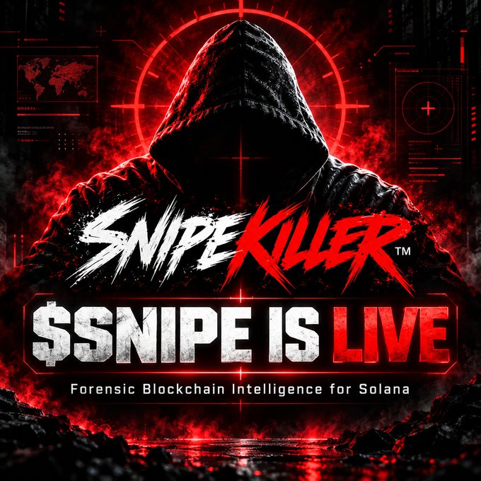 A dark, dramatic promotional graphic featuring a hooded figure surrounded by red smoke and targeting HUD overlays, advertising '$SSNIPE IS LIVE - Forensic Blockchain Intelligence for Solana' by SnipeKiller.