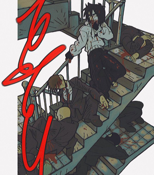 A dark, stylized illustration depicts a blood-spattered figure in a white sweater standing on a staircase littered with bloody, motionless bodies in suits, with a red squiggle overlaid across the left side of the image.