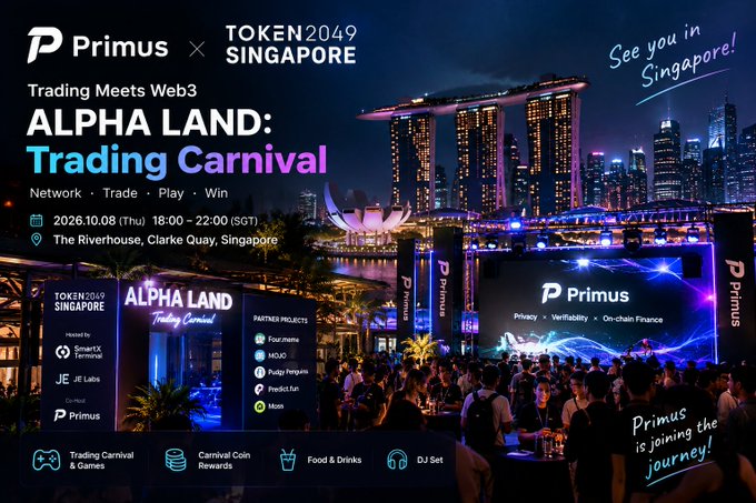 A promotional poster for 'Primus × TOKEN2049 SINGAPORE - ALPHA LAND: Trading Carnival' event scheduled for 2026.10.08 at The Riverhouse, Clarke Quay, Singapore.