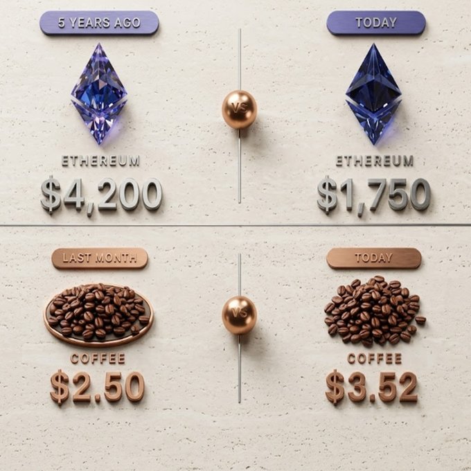 A 3D comparison graphic showing Ethereum priced at $4,200 five years ago vs $1,750 today, and Coffee at $2.50 last month vs $3.52 today.