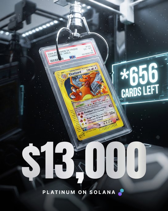 A PSA grade Charizard card (PSA #137900780) labeled "Platinum on Solana" is shown being dispensed from a vending machine, with on-screen text displaying "*656 CARDS LEFT" and a price of "$13,000," illustrating the limited supply of available slabs in this collection.