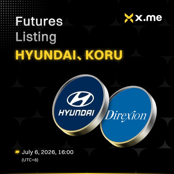 A promotional poster for 'x.me' announcing a Futures Listing for Hyundai and KORU, featuring Hyundai and Direxion logos, dated July 6, 2026 at 16:00 (UTC+8).