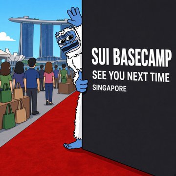 Illustration of a furry mascot peeking from behind a sign that reads 'SUI BASECAMP SEE YOU NEXT TIME SINGAPORE', with a crowd walking a red carpet toward the Marina Bay Sands building in the background.