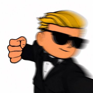 An animated character with blonde hair, wearing sunglasses and a black tuxedo with a bow tie, points forward with a confident expression.
