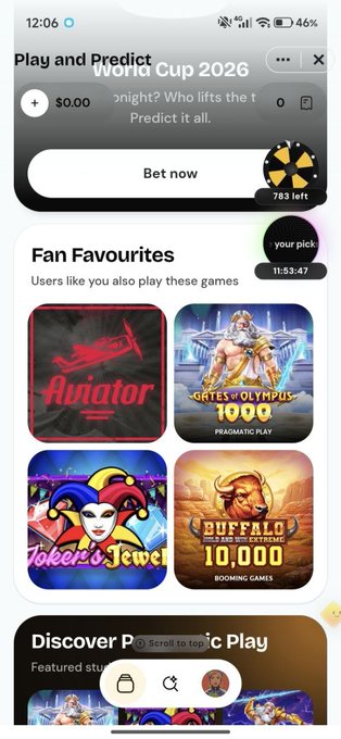 A mobile screenshot of a betting/gaming app showing 'Play and Predict World Cup 2026' with a 'Bet now' button and 'Fan Favourites' games including Aviator, Gates of Olympus, Joker's Jewel, and Buffalo.