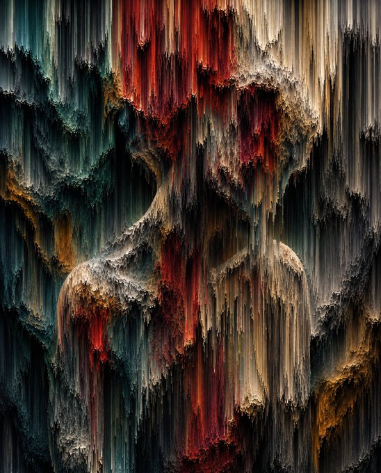 An abstract digital artwork features a textured, glitch-like vertical composition with deep reds, grays, blacks, and ochre tones that obscure the faint silhouette of a human figure.
