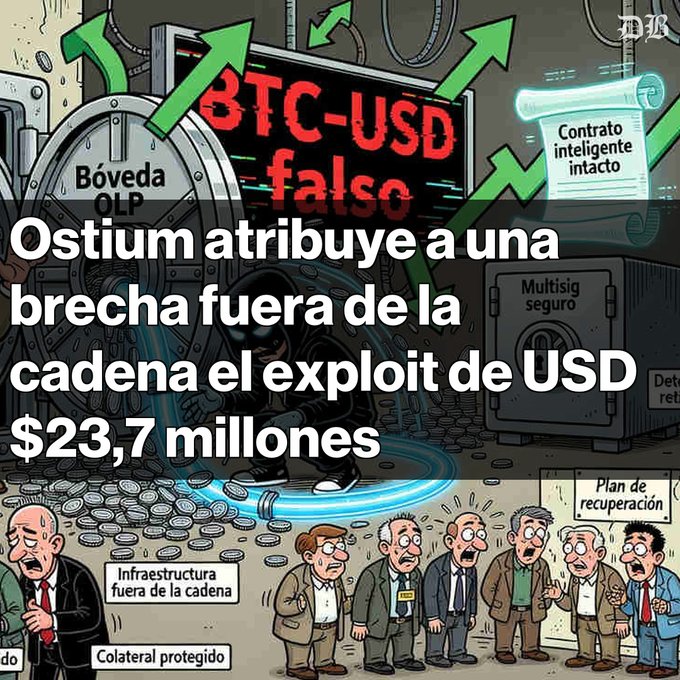 A cartoon-style news graphic with Spanish text reading 'Ostium atribuye a una brecha fuera de la cadena el exploit de USD $23,7 millones', featuring labels like 'BTC-USD falso', 'Bóveda OLP', and 'Multisig seguro'.