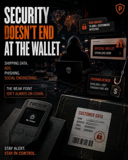 Cryptocurrency security awareness graphic stating 'SECURITY DOESN'T END AT THE WALLET' warning about shipping data, ads, phishing, and social engineering, featuring a Trezor hardware wallet and warnings about data breaches and phishing attacks.