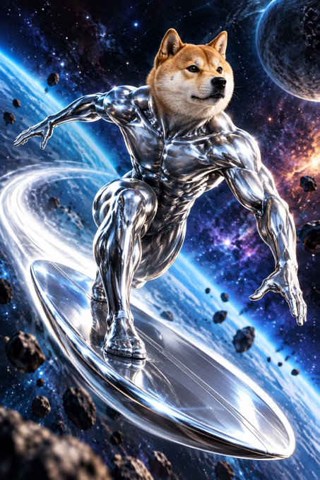 A digital illustration shows a muscular metallic humanoid figure with a Shiba Inu dog head surfing on a silver board through a cosmic scene with asteroids and a planet.