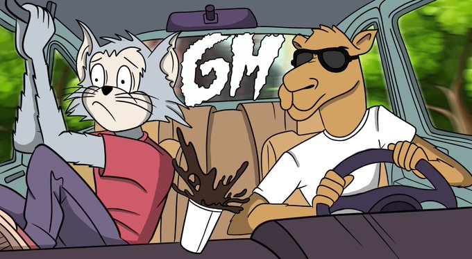 An animated cartoon shows a gray cat and a brown camel wearing sunglasses driving a car, with 'GM' displayed on the rearview mirror.