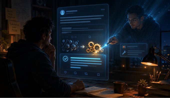 The image depicts a developer contemplating a glowing social media post interface that shows a transformation from scattered, tangled nodes to organized, golden gears—symbolizing how GenLayer's Intelligent Contracts convert chaotic complexity into structured, working logic. Visible text elements include social media UI features like "12K," "3K," and sticky notes reading "Build Help Improve" and "Substance over Noise," reinforcing the post's message that builders who value substance should engage with GenLayer now, before the space becomes crowded.