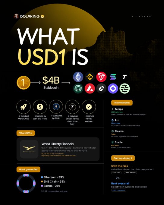 An infographic titled "What USD1 Is" from Dolaking ($doking) illustrating that USD1 is a ~$4B stablecoin living on approximately 10 different chains, including Ethereum (39%), BNB Chain (35%), and Solana (26%), with details highlighting its March 2025 launch by World Liberty Financial, BitGo custody, native integration on Stripe's Tempo chain since May, and on-chain reserve verification via Chainlink, while comparing it against contenders like Tempo, Arc (Plasma), and USDC (Stable).