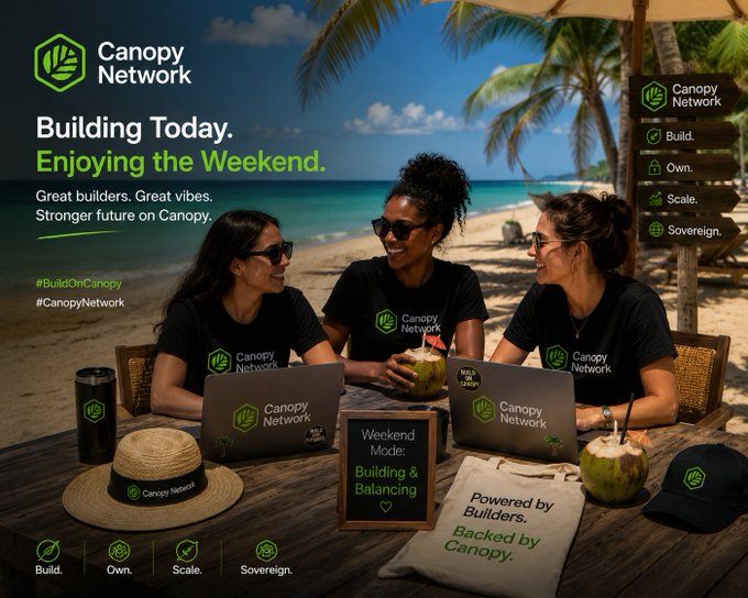 A promotional advertisement for 'Canopy Network' titled 'Building Today. Enjoying the Weekend,' showing three women at a beachside table with branded Canopy Network merchandise, highlighting values like 'Build. Own. Scale. Sovereign.'