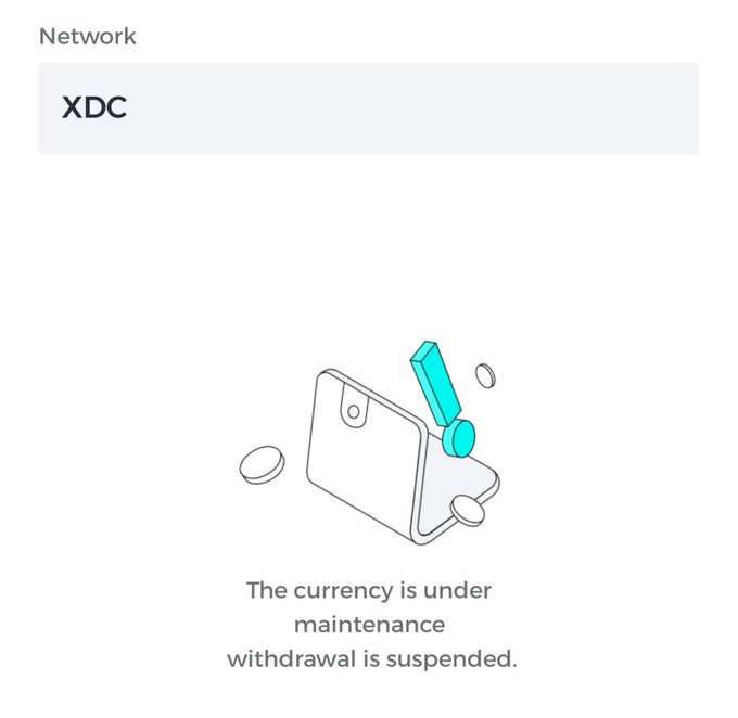 The image shows a BitMart notification indicating the XDC network is under maintenance with withdrawals suspended, alongside an illustration of a wallet with coins, reflecting the post's complaint about BitMart's suspension of XDC (and XLM) withdrawals amid lack of updates or customer support.