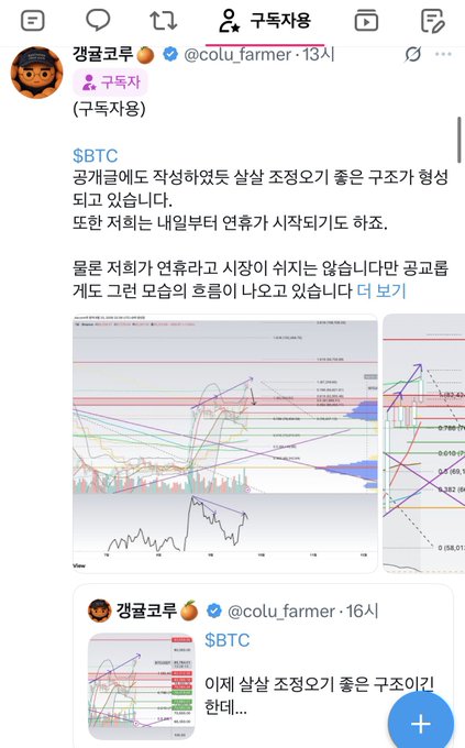 A Korean social media post by user '캥거루루' (@colu_farmer) discussing Bitcoin ($BTC) market structure, showing a technical analysis chart.