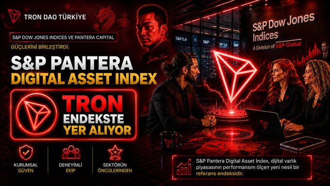 A promotional banner announcing that TRON has been added to the new S&P Pantera Digital Asset Index, featuring a neon-lit scene with the TRON (TRX) logo and text highlighting institutional security, an experienced team, and industry leadership, alongside the taglines "S&P PANTERA DIGITAL ASSET INDEX" and "TRON ENDEKSTE YER ALIYOR."