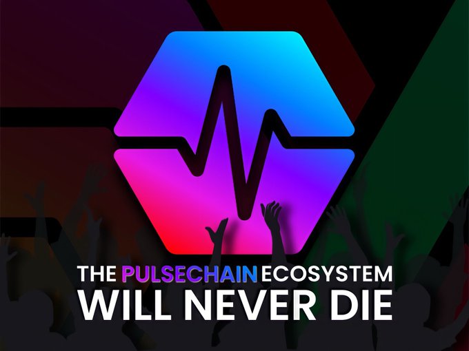 A promotional graphic for PulseChain cryptocurrency features a hexagonal logo with a heartbeat line design in gradient purple and blue colors, with text reading 'THE PULSECHÄIN ECOSYSTEM WILL NEVER DIE' against a dark background.