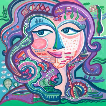 A colorful, abstract painting of a face with flowing hair, decorated with floral and aquatic patterns in shades of purple, blue, pink, and green.
