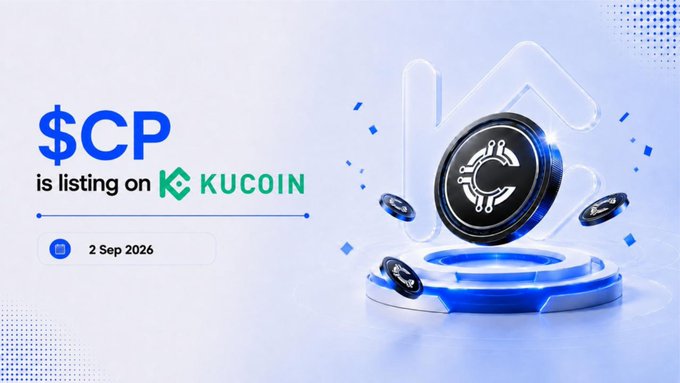 A promotional graphic announcing '$CP is listing on KUCOIN' on '2 Sep 2026', featuring a 3D rendering of a black and silver cryptocurrency coin on a blue and white background.