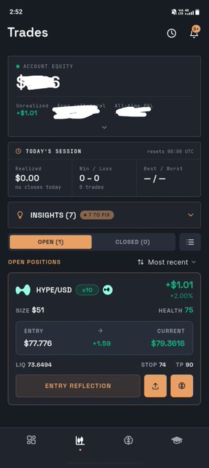 A mobile trading app interface titled 'Trades' showing an account equity with mostly redacted values, a $51 size position in HYPE/USD with entry at $77.776 and current price $79.3616 (+$1.01, +2.00%).