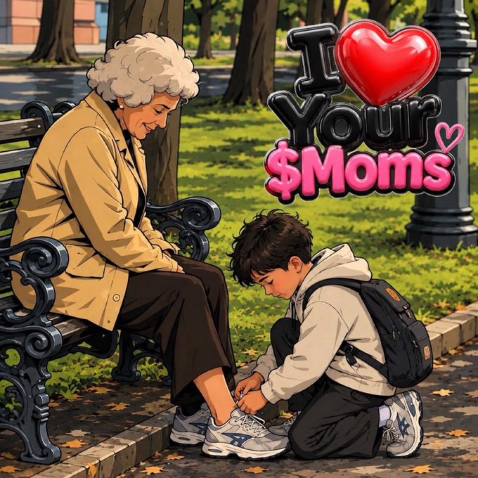 An anime-style illustration depicts a young boy kneeling to tie the shoelaces of an elderly woman with white hair sitting on a park bench, with the text 'I ❤️ Your $Moms' displayed in bold letters.