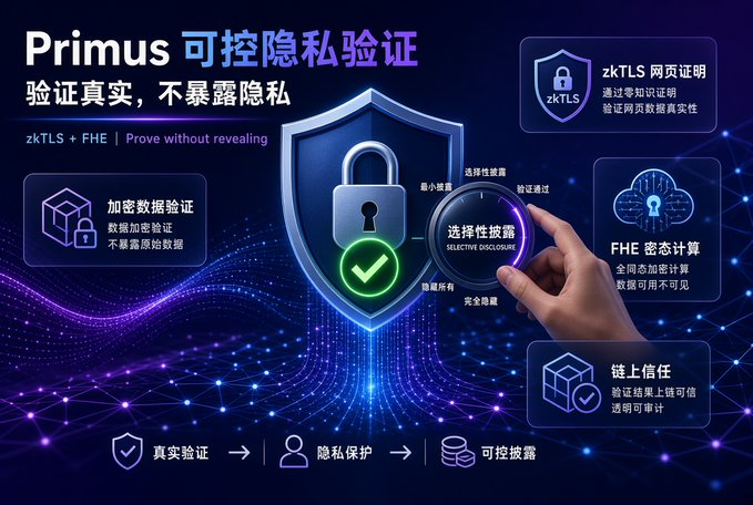 Promotional graphic for 'Primus 可控隐私验证' (Controllable Privacy Verification) featuring a central shield with a padlock icon, surrounded by feature highlights for zkTLS webpage proof, encrypted data verification, FHE密态计算 (FHE encrypted computing), and on-chain trust, with the tagline '验证真实，不暴露隐私' (Verify truth without exposing privacy).