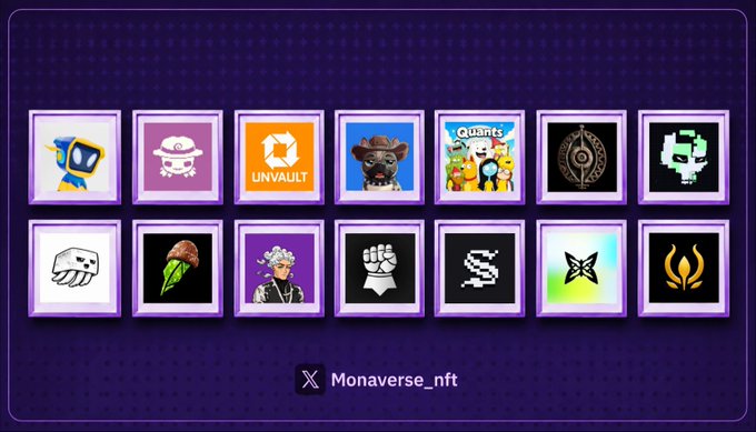 A promotional graphic for 'Monaverse_nft' showing a collection of 14 different NFT profile pictures or character icons displayed in purple frames on a dark background.