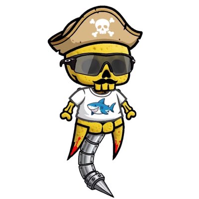 A cartoon sticker of a yellow skeleton pirate wearing a skull-and-crossbones hat, sunglasses, a shark t-shirt, and a drill instead of legs.