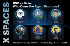 The image features a poster for an event titled "BNB vs Base" with six different people's names displayed around the edges of the poster, each representing a different perspective or role within the base economy. The poster also includes text that reads "BNB vs Base: Who Owns the Agent Economy?" and "BNB vs Base: Proof of Identity and Guardrails." Additionally, there is a small bird image in the center of the poster.