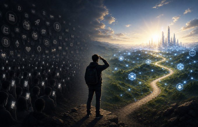 A lone figure stands at a crossroads between a shadowed mass of crypto icons (Bitcoin logos, Ethereum symbols) on the left and a bright futuristic city connected by blockchain nodes on the right, symbolizing the choice between surface-level speculation and deeper understanding of the technology's infrastructure. The image visually reinforces the post's message about how the true edge in crypto lies not in capital, but in studying the underlying technology and following the builders toward meaningful innovation.