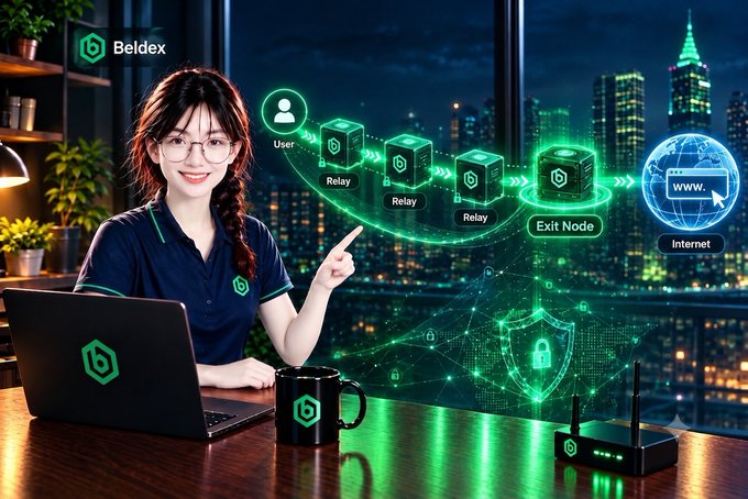 A smiling woman wearing glasses and a polo shirt with a Beldex logo sits at a desk with a laptop, gesturing toward a glowing green holographic network diagram showing User, Relay, and Exit Nodes leading to the Internet.