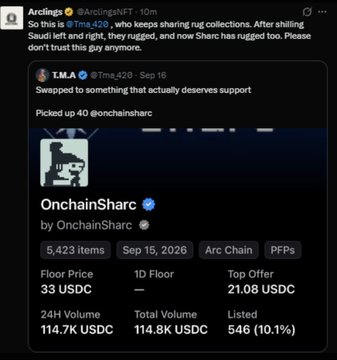 A tweet from Arclings (@ArclingsNFT) on X criticizing T.M.A (@Tma_420) for rug-pulling collections and now supporting OnchainSharc, with the quoted post showing OnchainSharc NFT stats including a 33 USDC floor price and 114.7K USDC 24H volume.