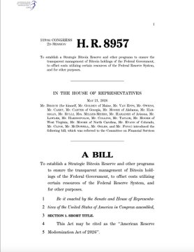 The first page of U.S. Congressional bill text 'H.R. 8957' aimed at establishing a Strategic Bitcoin Reserve and other programs to manage Bitcoin holdings of the Federal Government.