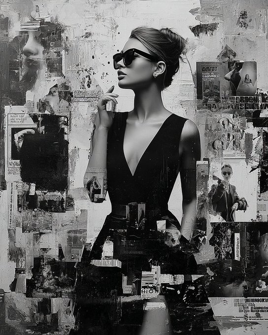A black-and-white mixed-media collage features a poised woman in a sleek black dress and oversized sunglasses, holding a small object near her face, surrounded by torn posters, photographs, and text fragments like "COSTE" and "TYPES." The fragmented, fashion-editorial aesthetic embodies "The Shape of Confidence," blending high style with street-art grit to complement the NFT's availability on @objktcom for 15 tez.