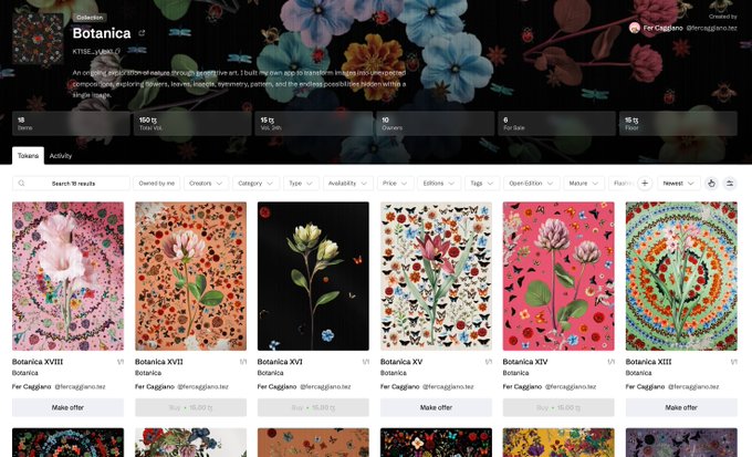 A webpage showing an NFT collection called 'Botanica' by artist Fer Caggiano (fercaggiano.tez), featuring various floral artwork listings with prices listed in tez.