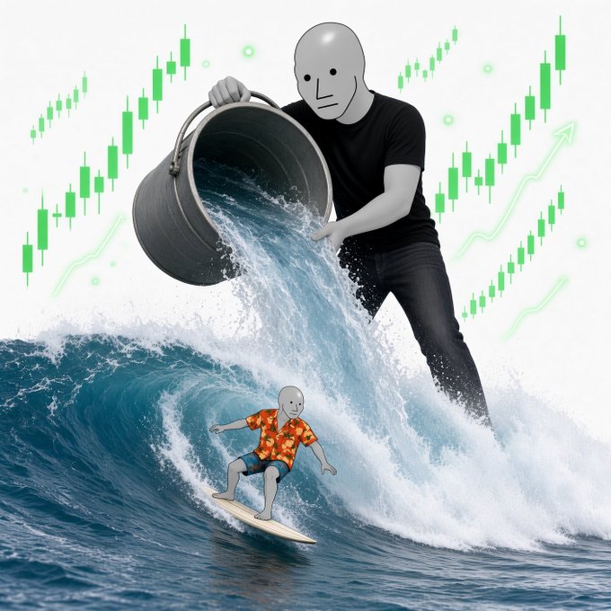 Surreal illustration of a gray mannequin-like figure pouring a bucket of water to create a wave that a smaller mannequin surfs on, set against a backdrop of green bullish candlestick charts and rising arrows.