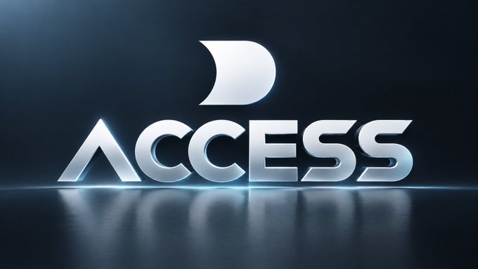 A sleek metallic logo reading "ACCESS" with a stylized crescent emblem above it is displayed against a dark, glowing background. The image relates to the post by visualizing the concept of gaining access to global financial services without traditional banking, reinforcing the message of DeFi as an open, self-custodial alternative for holding, sending, spending, earning, and trading money.