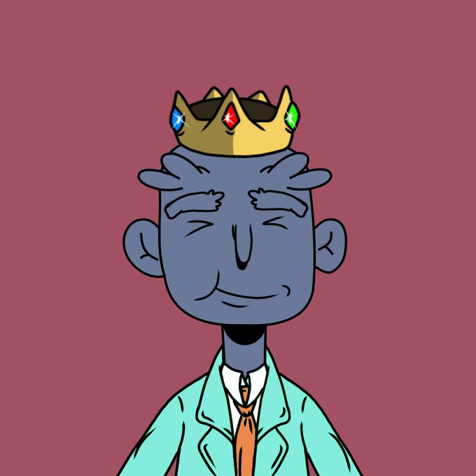 A cartoon character with blue skin, closed eyes, and a crown adorned with red, blue, and green gems wears a teal suit jacket and orange tie, serving as the mascot for the "Folks" NFT collection's free mint announcement.