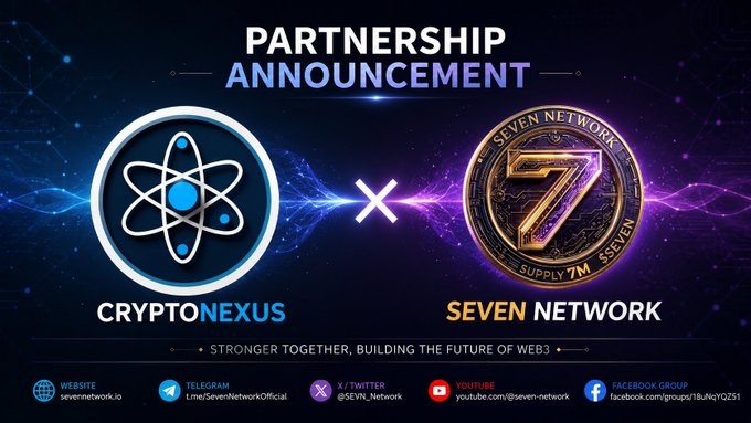 A promotional graphic announces a partnership between 'CRYPTO NEXUS' and 'SEVEN NETWORK', featuring their logos and the tagline 'STRONGER TOGETHER, BUILDING THE FUTURE OF WEB3' along with social media handles.