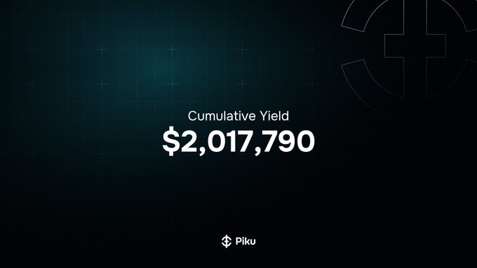 A dark teal graphic displays 'Cumulative Yield $2,017,790' with the 'Piku' logo at the bottom and a circular emblem in the corner.