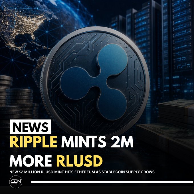 A digital news graphic features a large XRP/Ripple logo coin centered against a backdrop of a networked globe and server racks, with stacks of coins and dollar bills on either side. Bold text reads "NEWS: RIPPLE MINTS 2M MORE RLUSD — NEW $2 MILLION RLUSD MINT HITS ETHEREUM AS STABLECOIN SUPPLY GROWS," directly illustrating Ripple's freshly minted $2 million in RLUSD stablecoin on Ethereum as noted in the post.