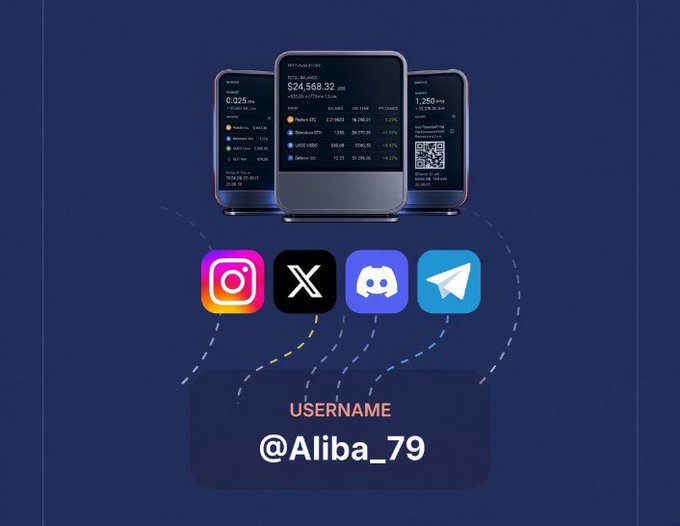 The image shows a cryptocurrency portfolio tracker displaying a balance of $24,568.32 across devices, connected via social platforms (Instagram, X, Discord, Telegram) to a single username "@Aliba_79," illustrating the post's concern that using one public social handle across multiple platforms risks exposing and reusing the same wallet for crypto transactions.