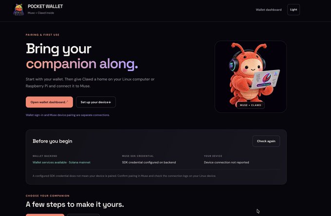 A dark-mode website screenshot for 'Pocket Wallet' by Muse + Clawd Equip, showing pairing instructions with a red ant mascot and Linux/Raspberry Pi setup information.