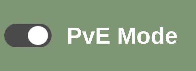 A simple toggle switch set to the on position next to the text 'PvE Mode' on a sage green background.