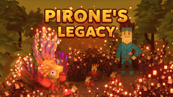 A video game promotional image titled "PIRONE'S LEGACY" featuring a blocky Minecraft-style character standing next to a colorful, fiery rooster-like creature in a forest setting filled with glowing orange lights.